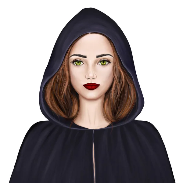 Young Beautiful Woman Green Eyes Red Hair Witch Black Cloak — Stock Photo, Image