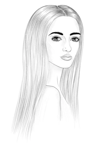 Black White Hand Drawn Portrait Young Woman Beautiful Face Fashion — Stock Vector