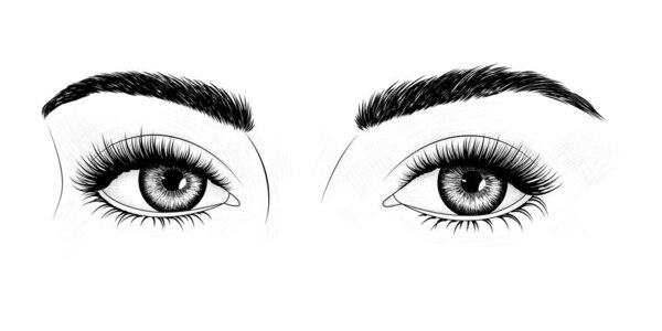 Черно-белый ручной рисунок глаз с бровями и длинными ресницами. Иллюстрация моды. Векторная EPS 10
.