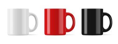 Vector realistic mockup (template, layout) of a mug for drinks front view. White, black, red blank isolated cup. EPS 10 clipart