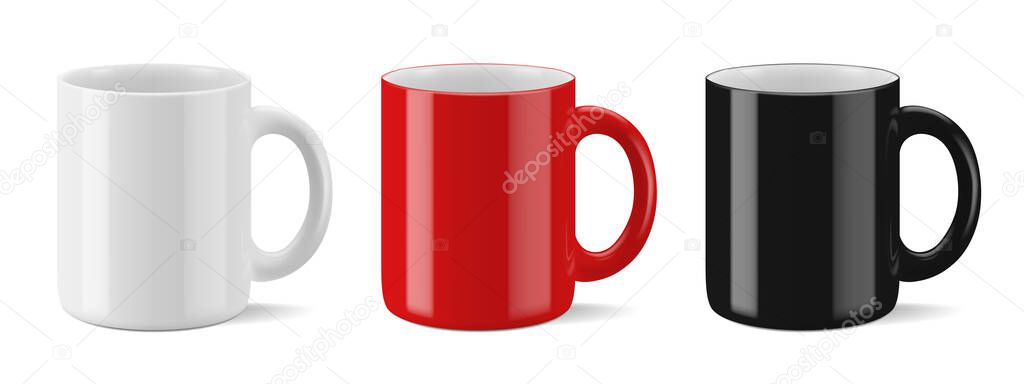 Vector realistic mockup (template, layout) of a mug for drinks perspective view. White, black, red blank isolated cup. EPS 10