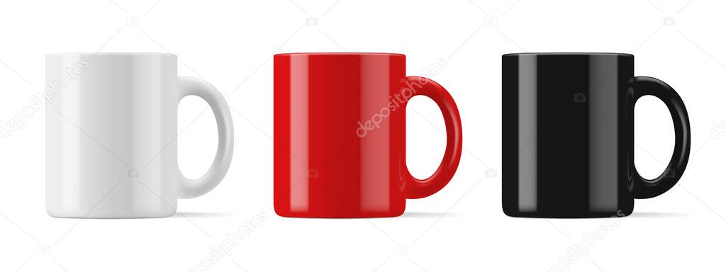 Vector realistic mockup (template, layout) of a mug for drinks front view. White, black, red blank isolated cup. EPS 10