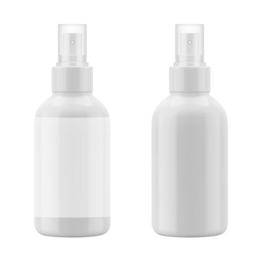 Beyaz plastik şişe maketi. Boş ambalaj - Kozmetik için sprey, hava çöpçüsü, deodorant. Vektör EPS10.