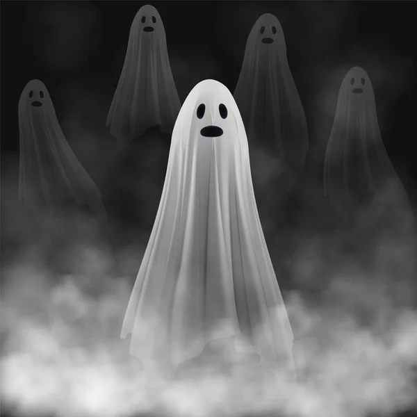 在雾中黑暗的背景上有可怕的鬼魂 一个披着被子的恶灵一组飞行的透明的幽灵 病媒Eps — 图库矢量图片
