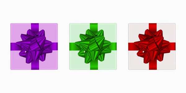 Set Vector Realistic Bows Gift Boxes Top View Red Green — Stock Vector