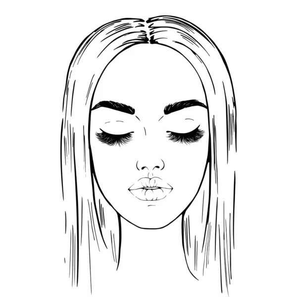 Fashion Illustration Beautiful Face Woman Closed Eyes Long Eyelashes Black — Stock Vector