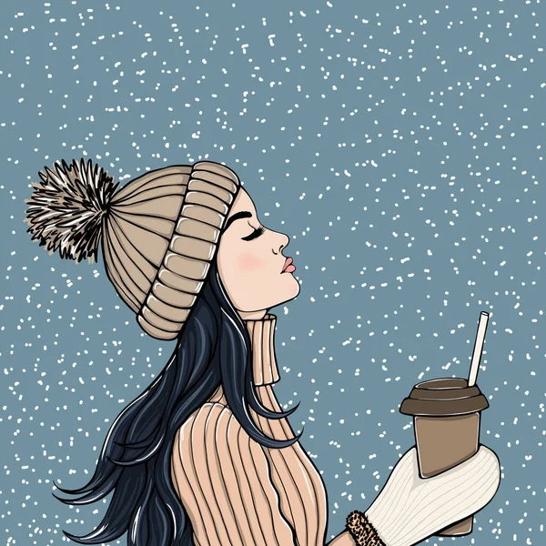 Young Beautiful Woman Enjoying Falling Snow Cup Coffee Fashion Illustration — Stock Vector