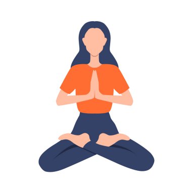 Yoga ya da meditasyon yapan bir kadın. Sakin, sakin, genç bir yetişkin. Düz çizim. Vektör EPS 10.
