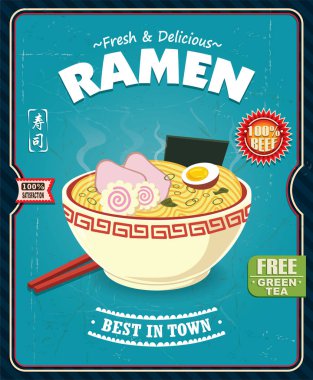 Vintage Japon yemekleri afiş tasarımı vektör Ramen karakter ile. Çince kelime suşi anlamına gelir..