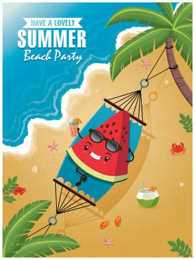 Net, palmiye ağacı uyku karpuz karakterle VINTAGE yaz poster.