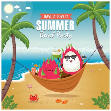 Net, palmiye ağacı uyku dragon meyve karakterle VINTAGE yaz poster.