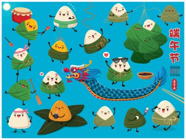 Vintage Çin pirinç köfte çizgi film karakteri ve ejderha tekne küme. Dragon boat festival illüstrasyon. (Başlık: Dragon Boat Festivali, Mayıs 5 gün)