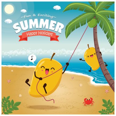 Vintage yaz poster ile mango karakter, palmiye ağacı.