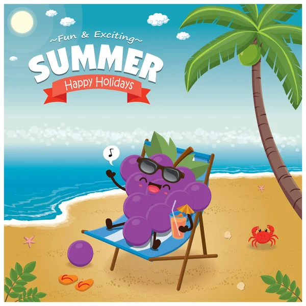 葡萄酒的夏天海报与葡萄字符 海滩椅子 棕榈树 — 图库矢量图片