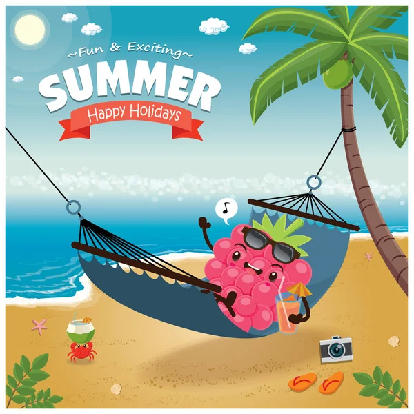 Vintage yaz poster berry karakter, net Uyuyan, palmiye ağacı ile.