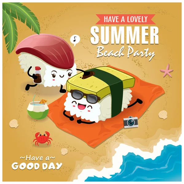老式夏季海报与 Tamago Hokkigai 寿司字符 棕榈树 — 图库矢量图片