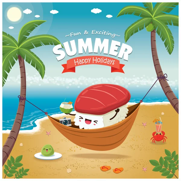 Net, palmiye ağacı uyku Maguro suşi karakterle VINTAGE yaz poster.