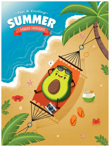 Net, palmiye ağacı uyku avokado karakterle VINTAGE yaz poster.