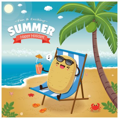 Vintage yaz poster patates karakter, plaj sandalyesini, palmiye ağacı ile.