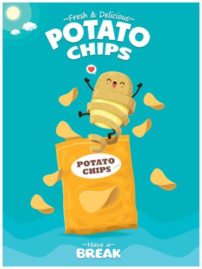 Vintage yaz poster patates patates ve cips karakter ile.