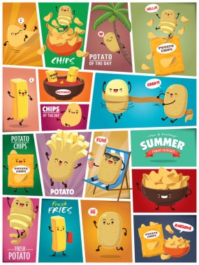 Vintage Summer poster with potato potato & chips character. clipart