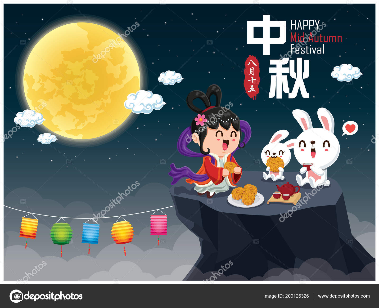 Vintage Mid Autumn Festival Poster Design Chinese Goddess Moon Rabbit Stock Vector C Donnay 209126326