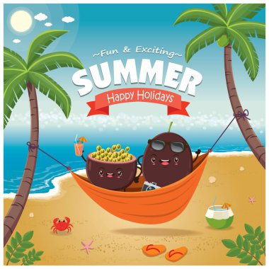 Net, palmiye ağacı uyku tutku meyve karakterle VINTAGE yaz poster.