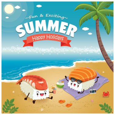 Vintage yaz poster aşkına, ebi suşi karakter, palmiye ağacı ile.