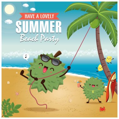 Vintage yaz poster Durian karakter, palmiye ağacı ile.