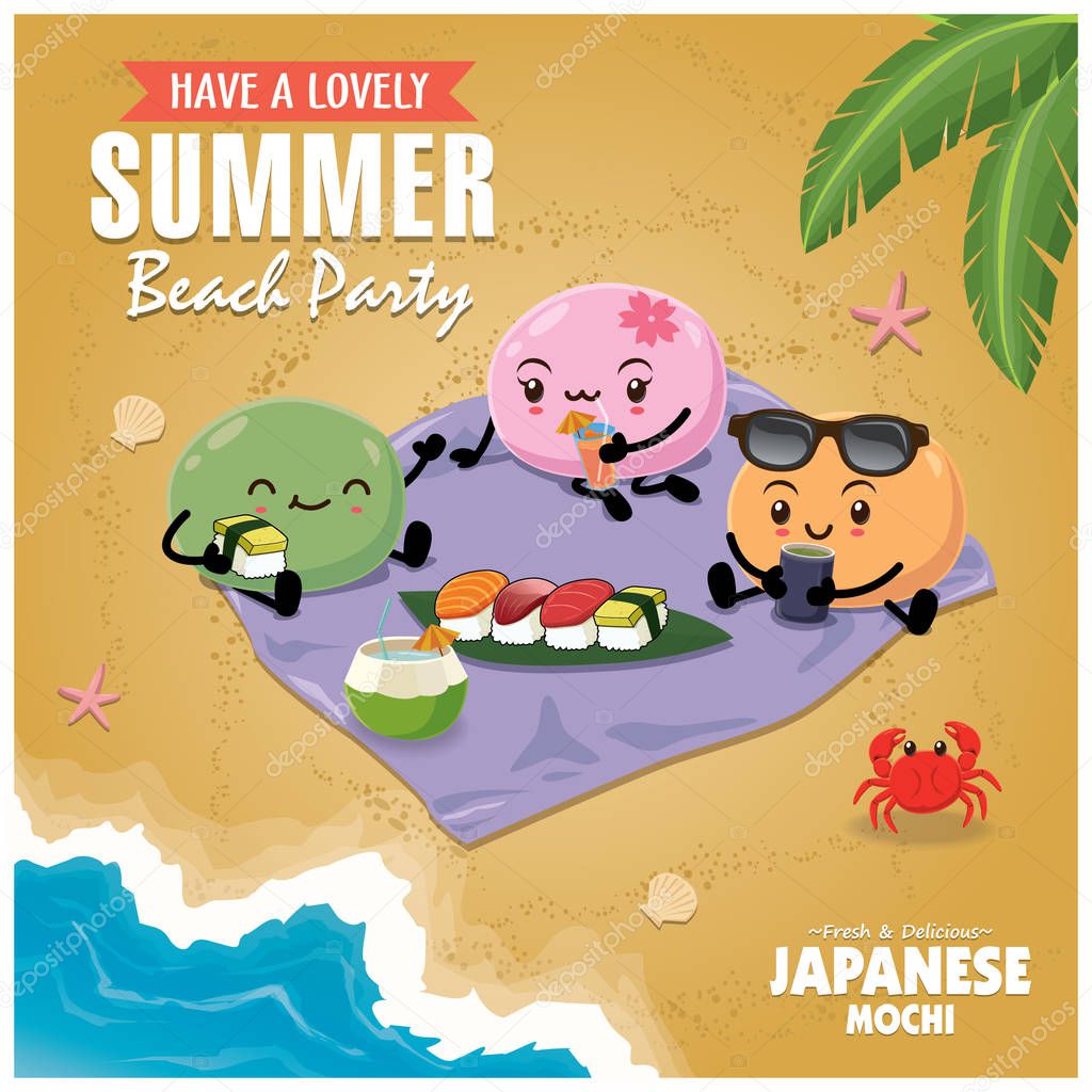 Vintage Summer poster with Mochi character, palm tree.