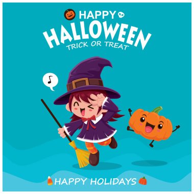 Vektör cadı karakterli klasik Cadılar Bayramı poster tasarımı. 