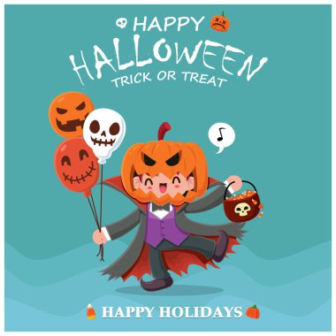 Vintage Halloween poster tasarımı vektör şeytan karakteri ile. 