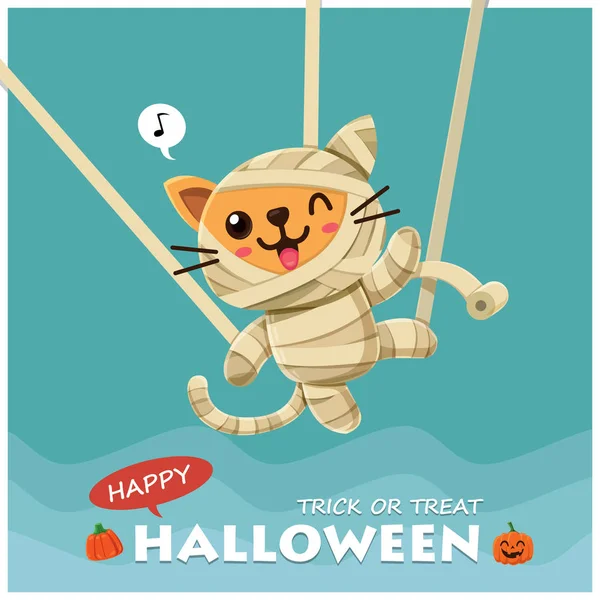 Desain Poster Halloween Kuno Dengan Karakter Kucing Mumi Vektor - Stok Vektor