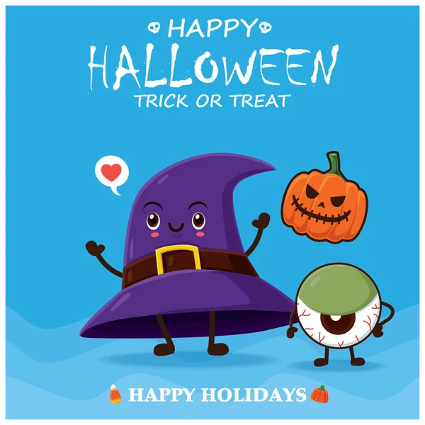 Desain Poster Halloween Kuno Dengan Topi Vektor Karakter Bola Mata - Stok Vektor