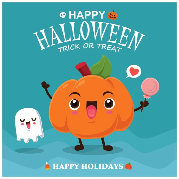 Diseño Póster Halloween Vintage Con Carácter Calabaza Vectorial Fantasma — Archivo Imágenes Vectoriales