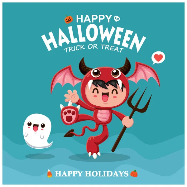 Diseño Póster Halloween Vintage Con Carácter Demonio Vectorial — Archivo Imágenes Vectoriales