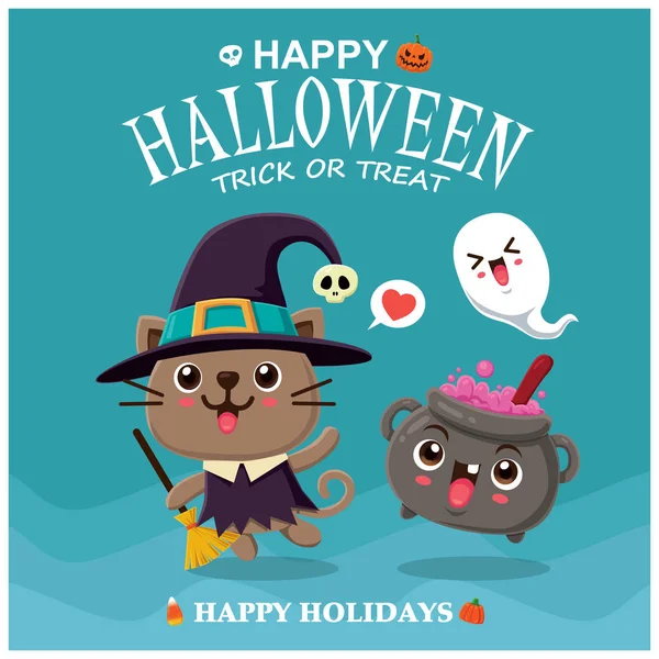 Desain Poster Halloween Dengan Vektor Witch Cat Potion Pot Character - Stok Vektor