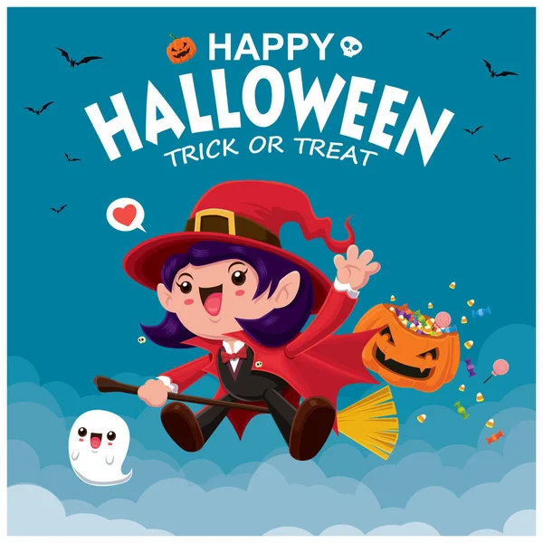 Diseño Póster Halloween Vintage Con Carácter Bruja Vectorial — Vector de stock