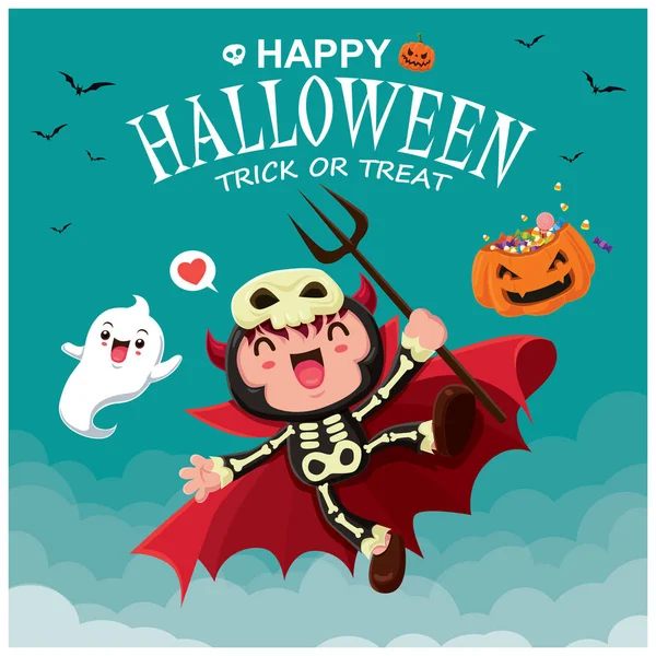 Desain Poster Halloween Vektor Dengan Setan Vektor Karakter Hantu - Stok Vektor