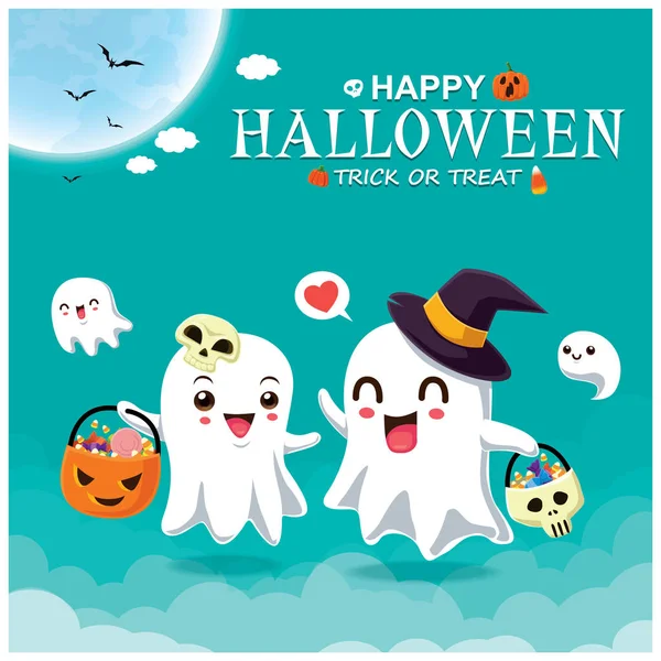 Desain Poster Halloween Kuno Dengan Karakter Hantu Penyihir Vektor - Stok Vektor