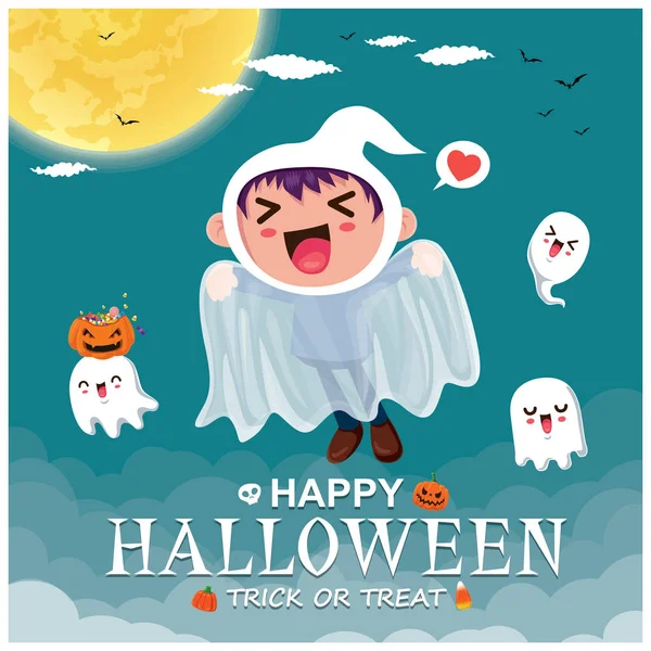 Desain Poster Halloween Kuno Dengan Karakter Hantu Vektor - Stok Vektor