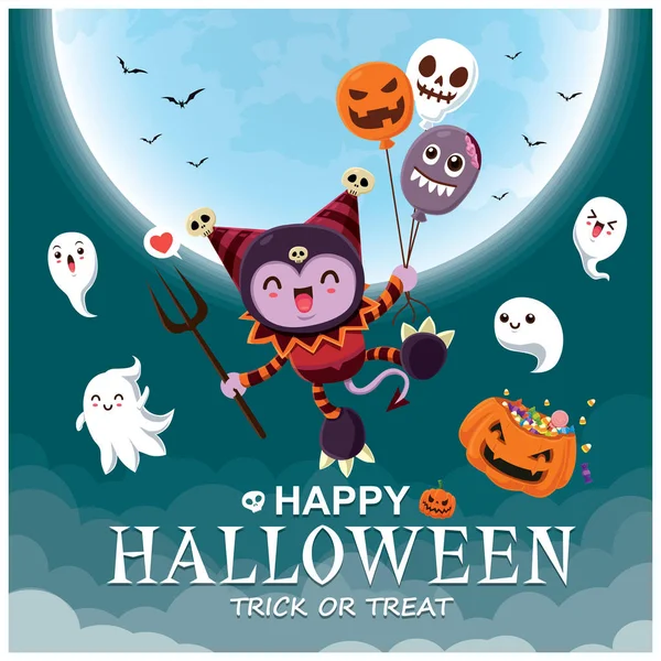 Diseño Póster Halloween Vintage Con Vector Demonio Personaje Fantasma — Vector de stock