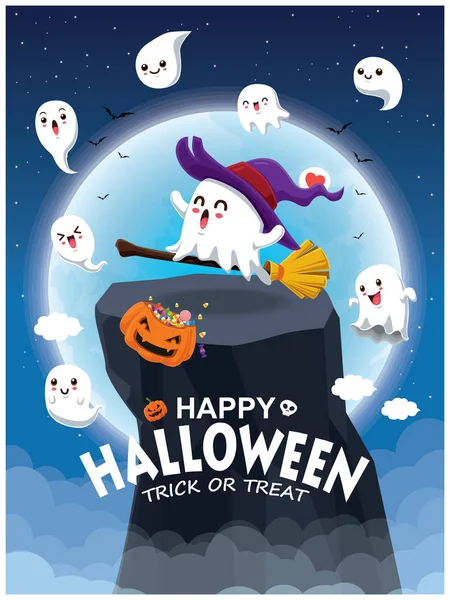 Vintage Halloween Poster Design Vector Witch Ghost Character — Stock Vector