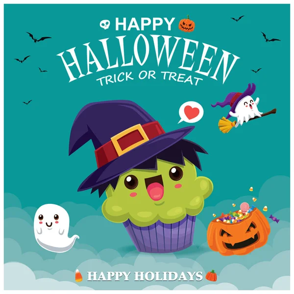 Desain Poster Halloween Vektor Dengan Cupcake Penyihir Karakter Hantu - Stok Vektor
