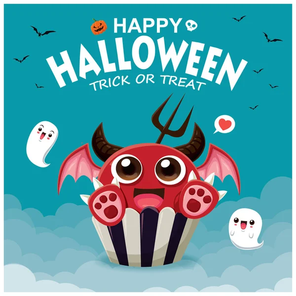 Vintage Halloween Poster Design Vector Demon Cupcake Ghost Character — стоковый вектор
