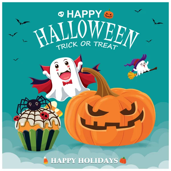 Poster Design Halloween Vintage Avec Citrouille Vectorielle Cupcake Araignée Personnage — Image vectorielle