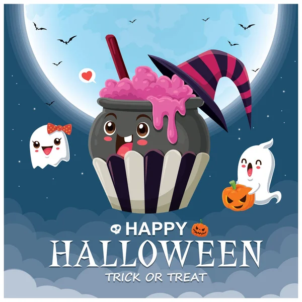 Vintage Halloween Plakat Projekt Wektor Cupcake Eliksir Pot Ghost Znaków — Wektor stockowy