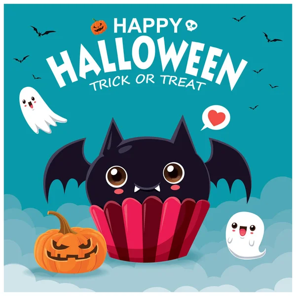 Vintage Diseño Póster Halloween Con Vector Murciélago Cupcake Personaje Fantasma — Vector de stock