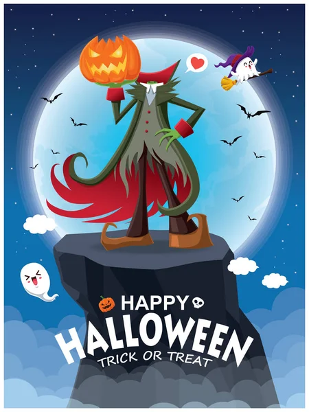 Desain Poster Halloween Kuno Dengan Vektor Jack Lantern Ghost Karakter - Stok Vektor