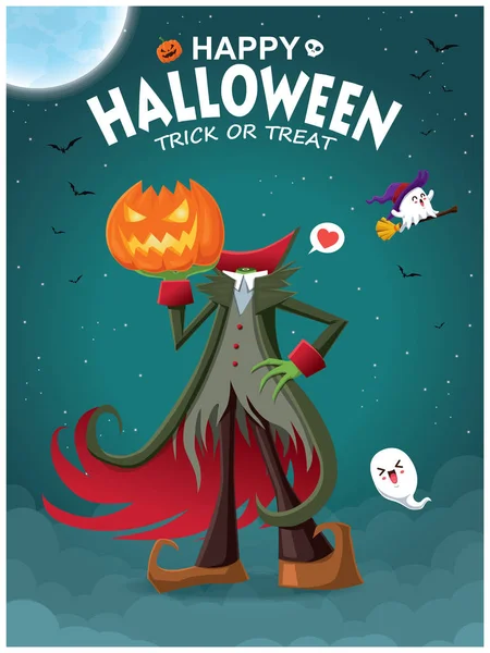Design Cartaz Halloween Vintage Com Vetor Demônio Personagem Fantasma — Vetor de Stock